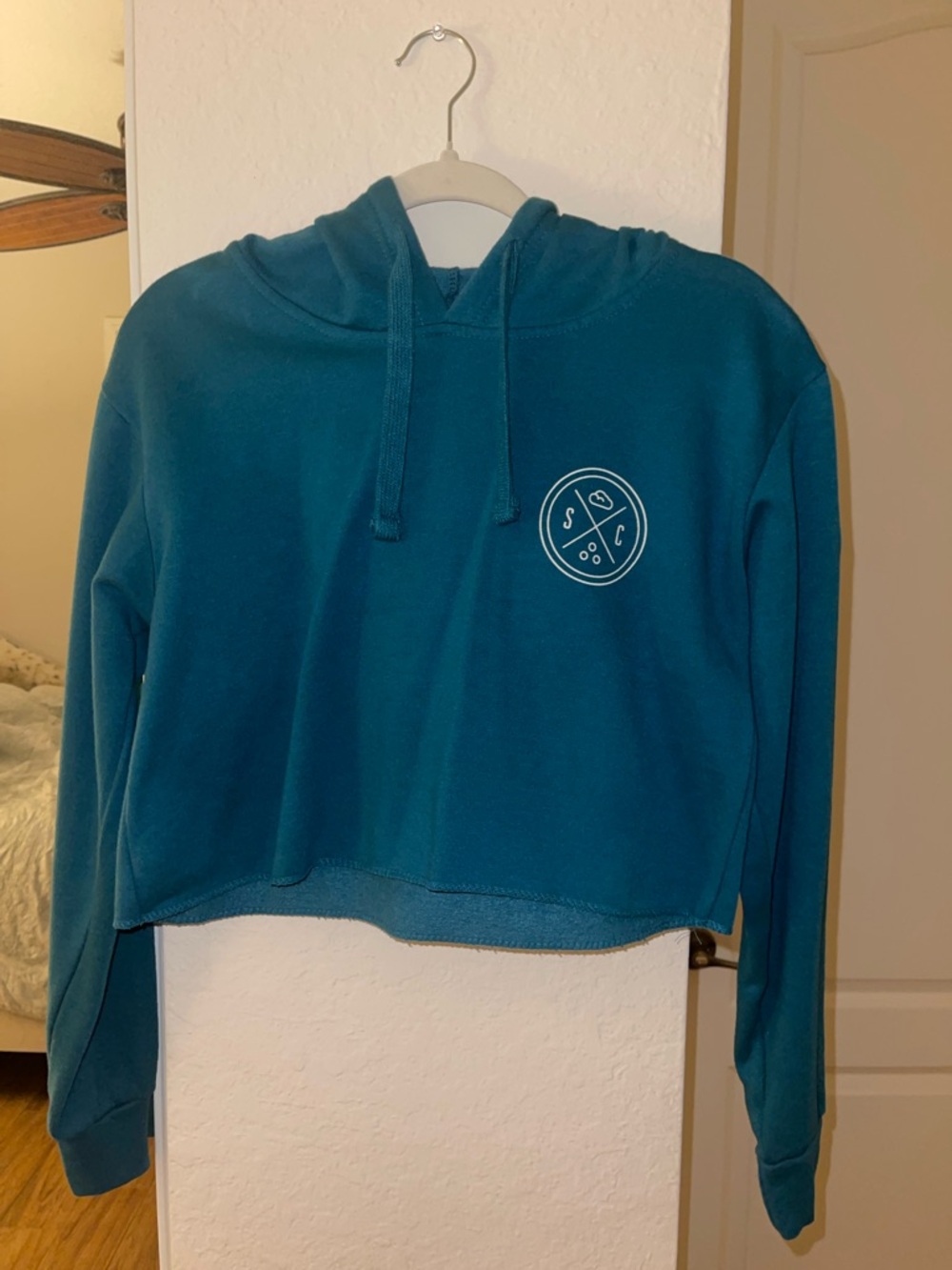 Teal Cropped Hoodie with Chest Logo - Women